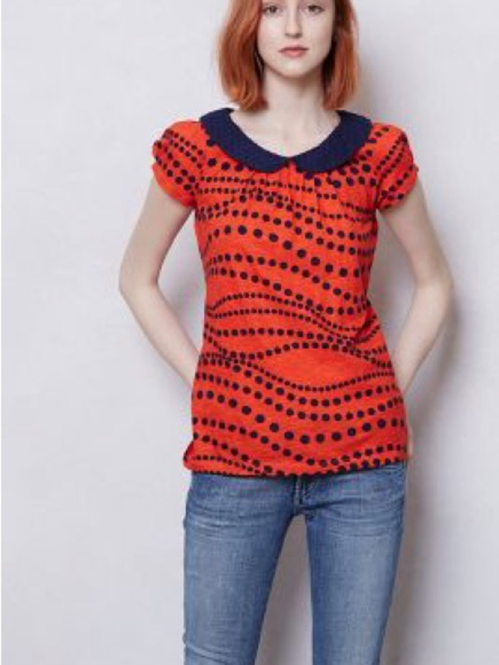 Red Dot-Print 100% Cotton Short Sleeve Top‎ with Navy Peter Pan Collar